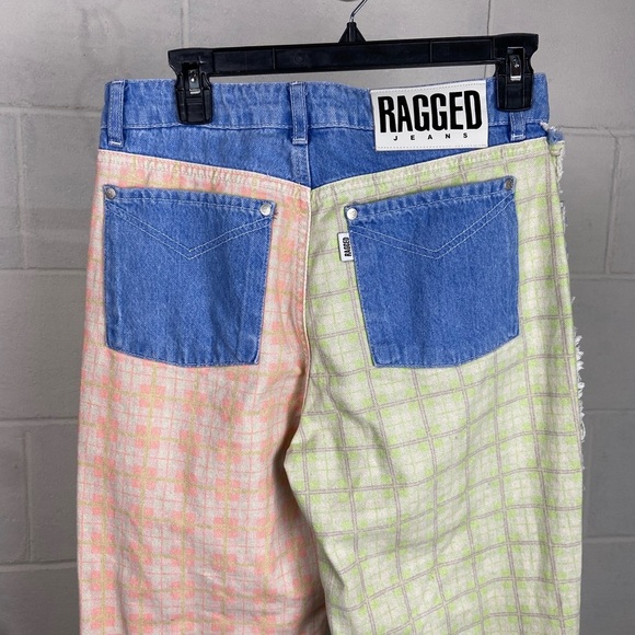 NEW Ragged Priest Multicolor Patchwork‎ Check Wide Leg Jeans Size 28 Fringe Boho - Picture 6 of 12